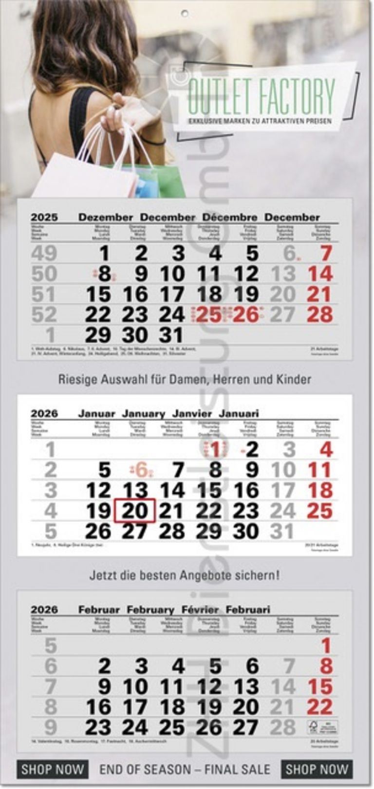 3-Monatskalender 2026 Einzelblöcke mit FE
