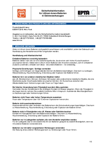 Lithium Ionen Batterien C. & E. Fein  Lieferantenerklärung