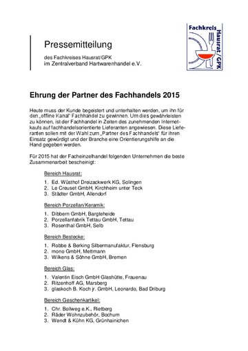 Ehrung der Partner des Fachhandels 2015