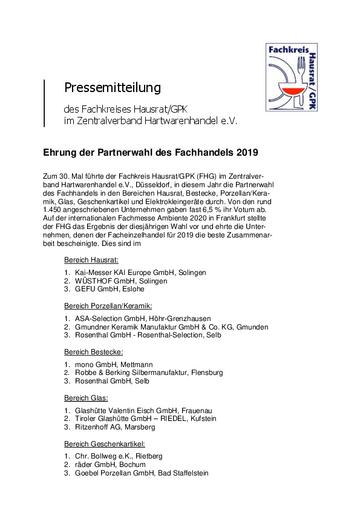 Ehrung der Partnerwahl des Fachhandels 2019