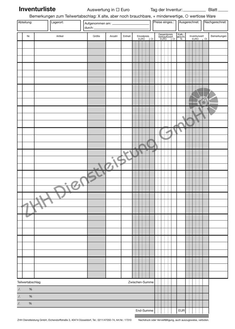 ZHH Inventurliste - Hochformat A4