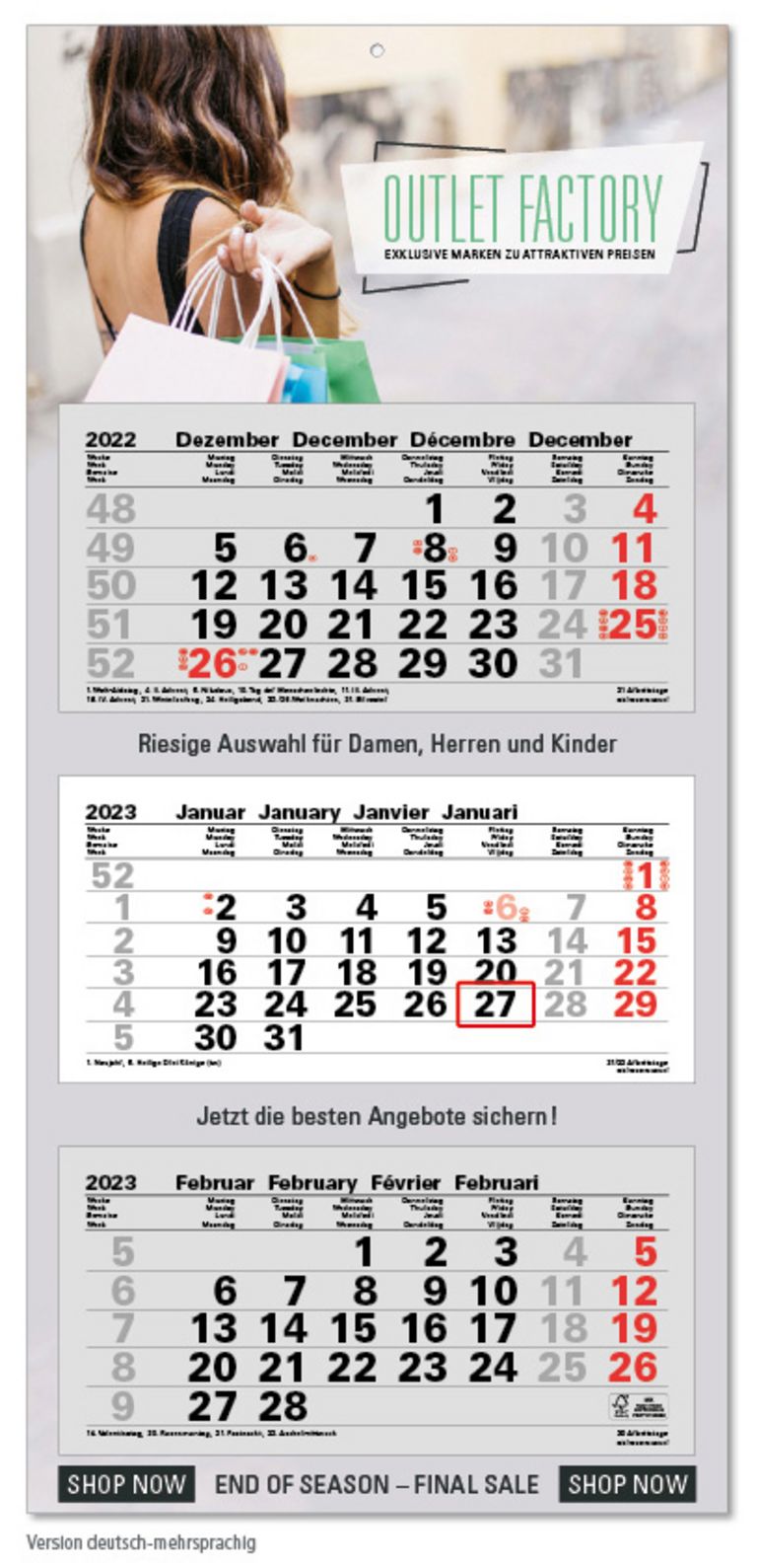 3-Monatskalender Einzelblöcke mit FE 2023