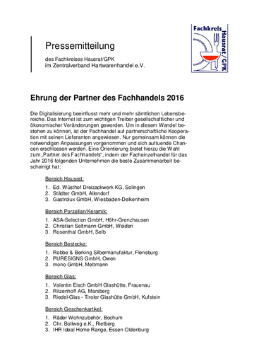 Ehrung der Partner des Fachhandels 2016