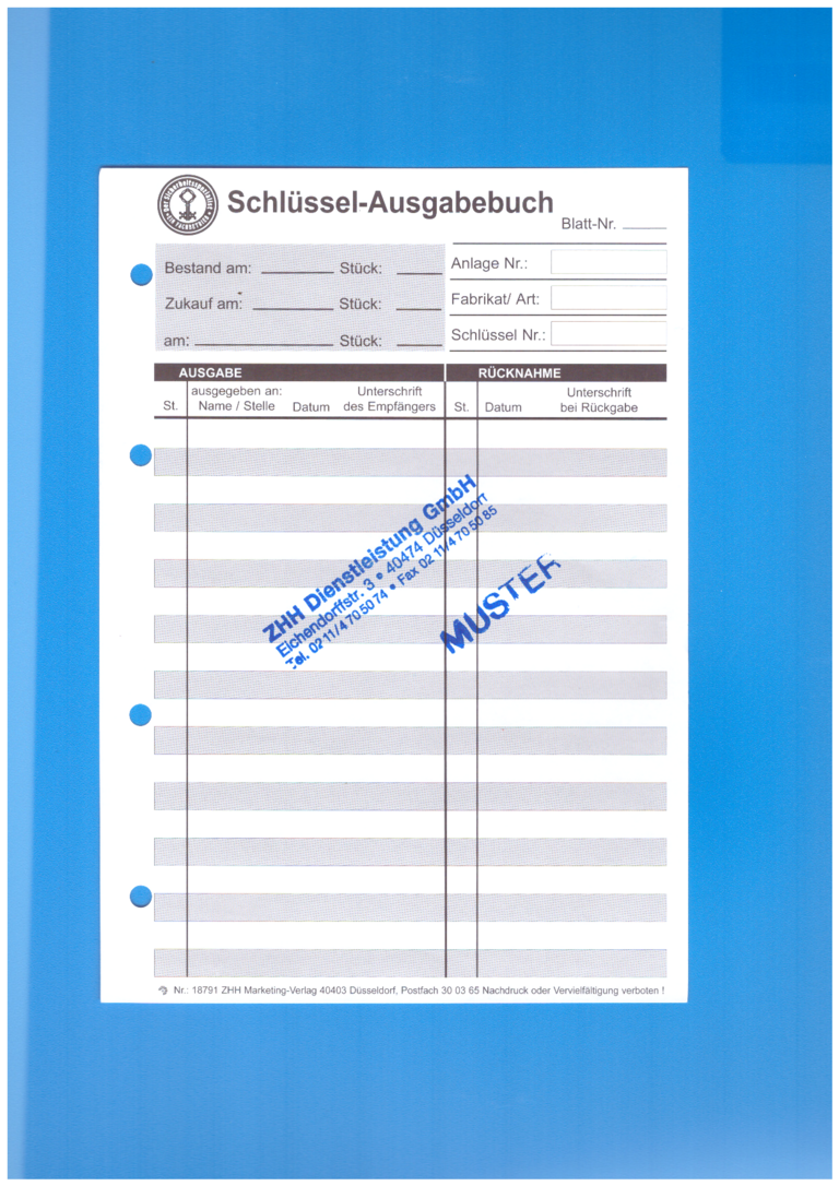 Einlagen lose (Satz=100 Blatt) f. ZHH Schlüssel-Ausgabebuch